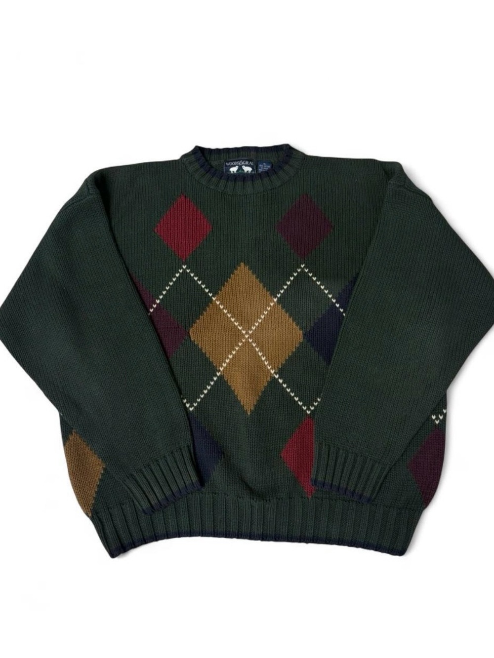 Men's Vintage Woods & Gray 100% Cotton Argyle Knit Sweater XL Classic Timeless